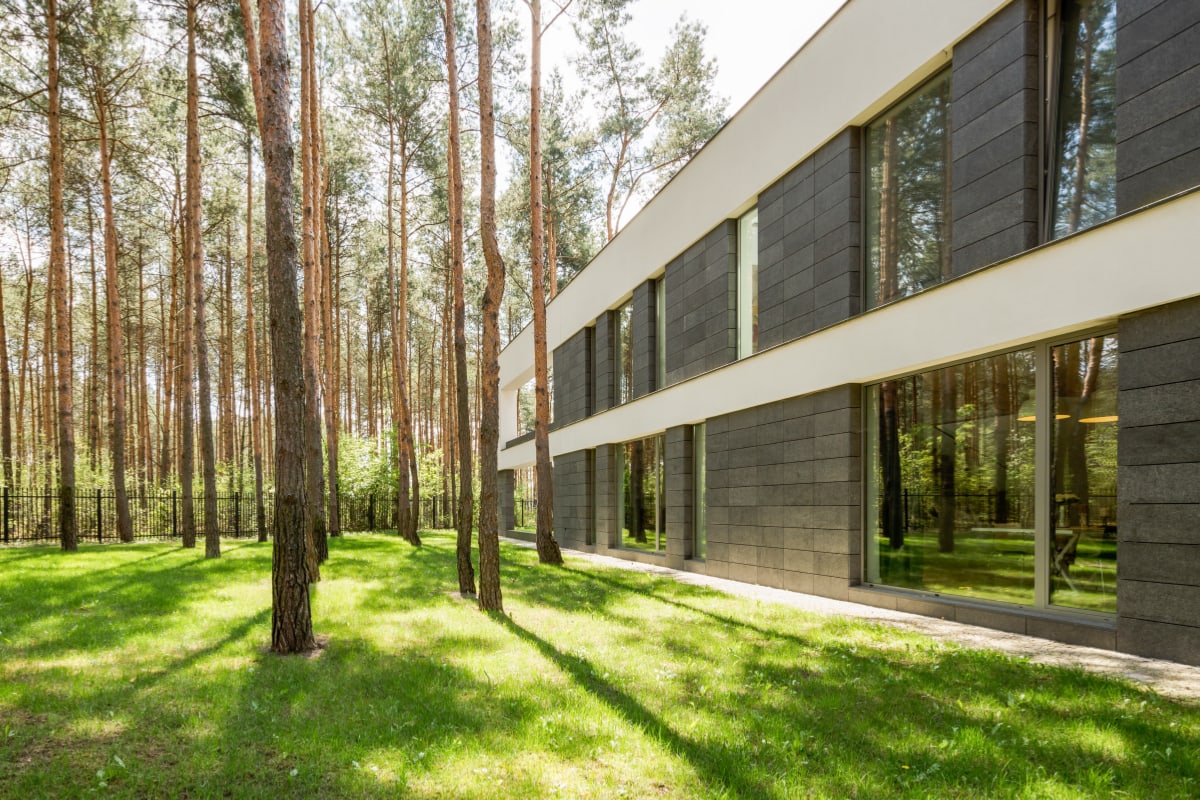 Een modern gebouw met grote ramen, gelegen in een dennenbos, omringd door natuurlijk licht en groene weiden.