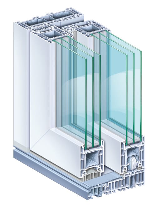 Doorsnede van een moderne hef-schuifdeur met meerkamer-profiel en drievoudige beglazing voor optimale isolatie en energiezuinigheid.