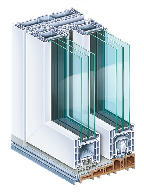Doorsnede van een modern raam met meerkamerprofiel en drievoudige beglazing voor optimale warmte- en geluidsisolatie.