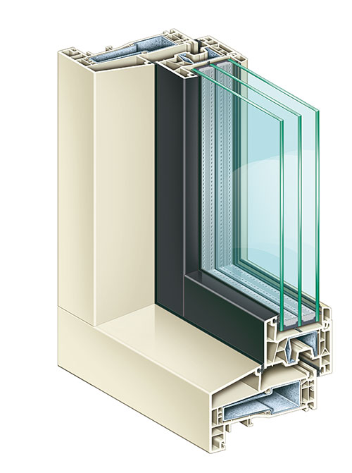 Detailopname van kunststof raamprofiel met meerlaagse beglazing, gericht op design, energiezuinigheid, duurzaamheid en geluidsisolatie.