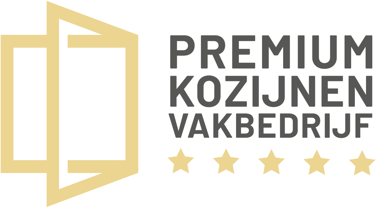 Logo van Premium Kozijnen Vakbedrijf, met vijf gouden sterren en een gestileerde raam-icoon.